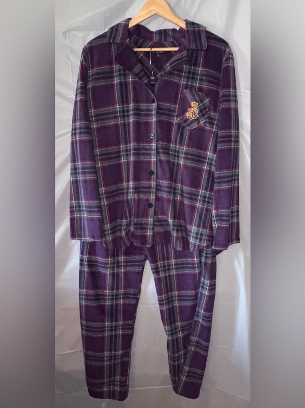 Lauren Ralph Lauren Women Plaid Pajama‎ Set Sleepwear Womens L Purple Flannel